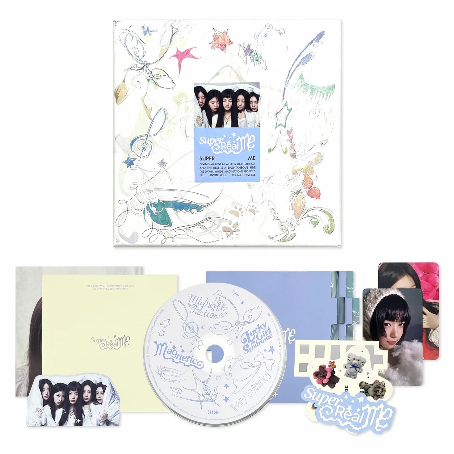 ILLIT - 1st Mini Album [SUPER REAL ME] (SUPER ME ver.) Photobook R + Photocard + Illit Logo Sticker + Album Logo Sticker + Sticker + Paper Magnet + Paper Ornaments + Poster With Lyrics